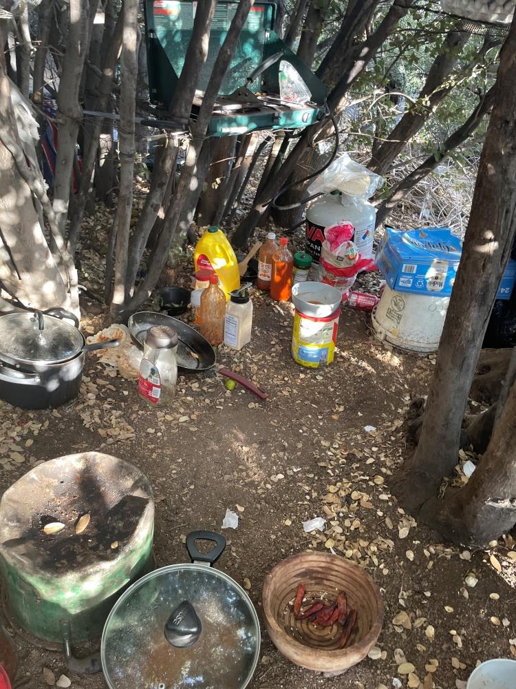 A makeshift kitchen at an illegal cannabis grow site in San Bernardino County